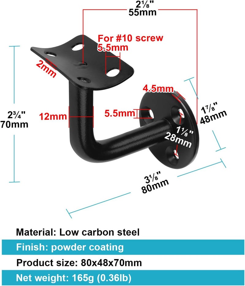 OTTFF 10 Pack Black Wall Mount Staircase Handrail Bracket for 2" OD Round Tube, Carbon Steel - Image 2